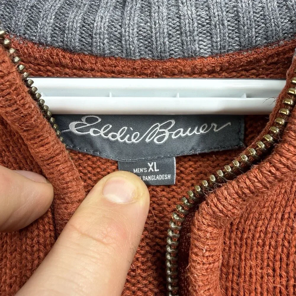 VTG Eddie Bauer Men's XL Rust Knit Cotton Mock Neck Zip Pullover Sweater Casual - Picture 2 of 6